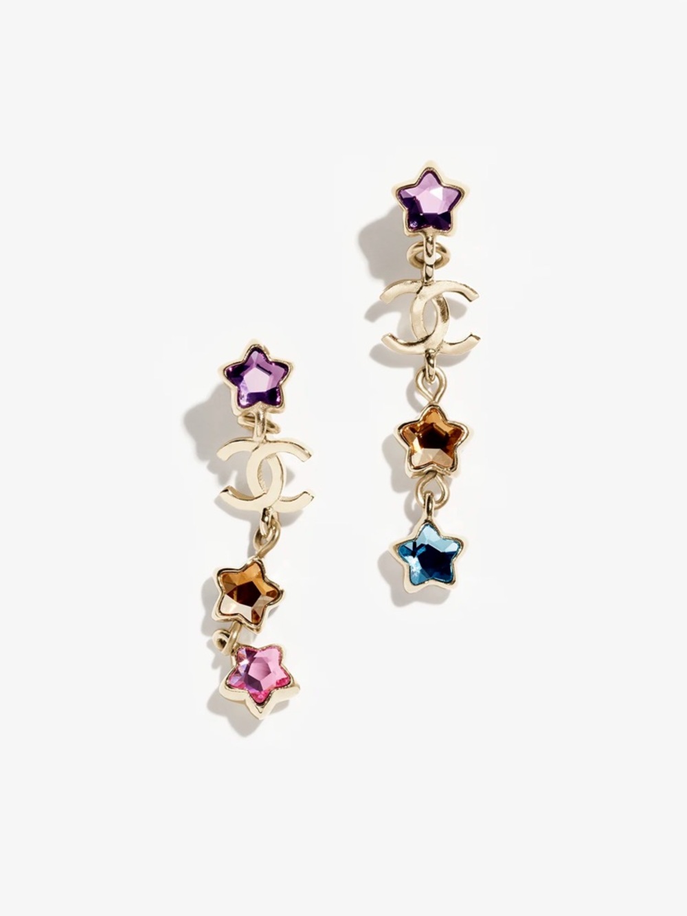 NEW Authentic Chanel 25P CC Gold Multicolor Strass Star Dangle Pendant Earrings